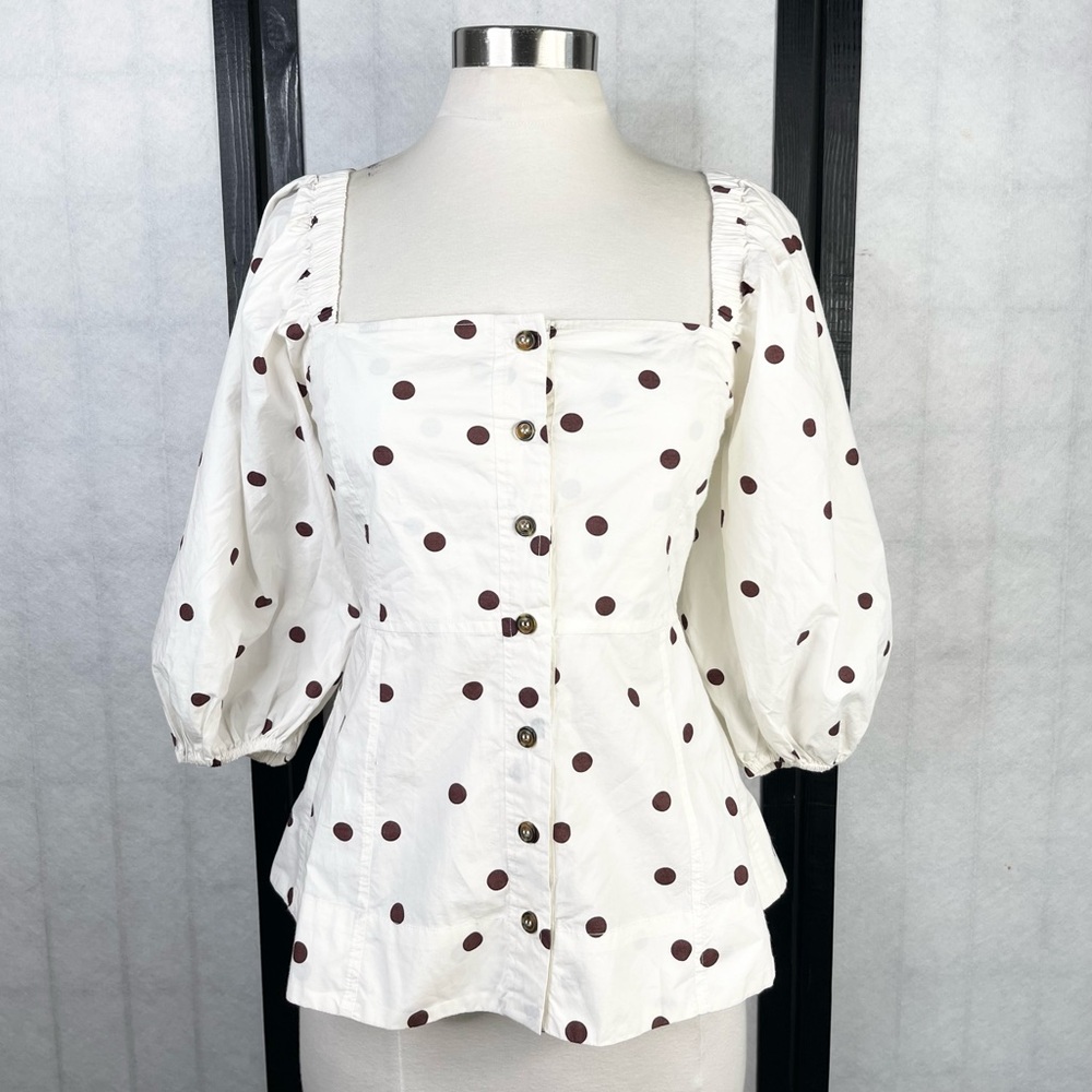 Ganni White Puff Sleeve Blouse with Brown Polka Dots